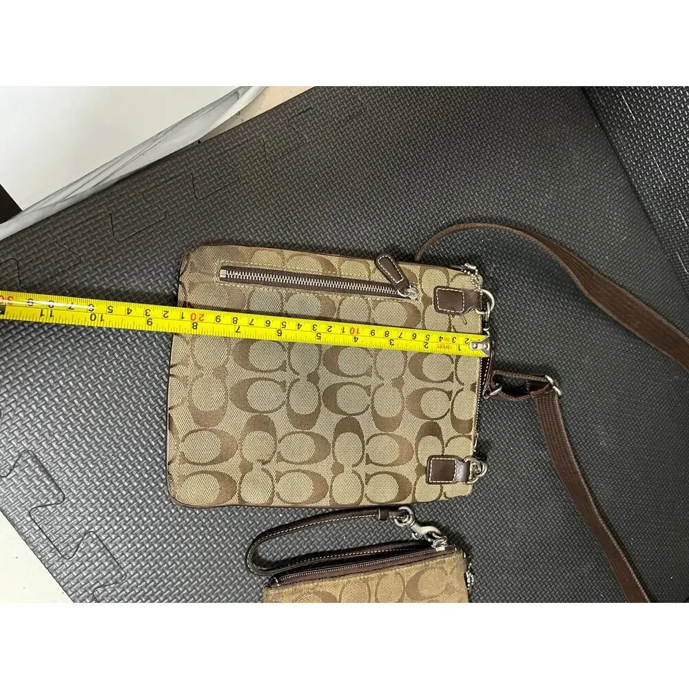 Coach‎ Signature Canvas Brown Stripe Leather Jacquard Crossbody And Wallet